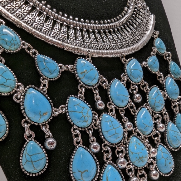Silver & Turquoise Layered Collar Necklace Vintage - Picture 2 of 6